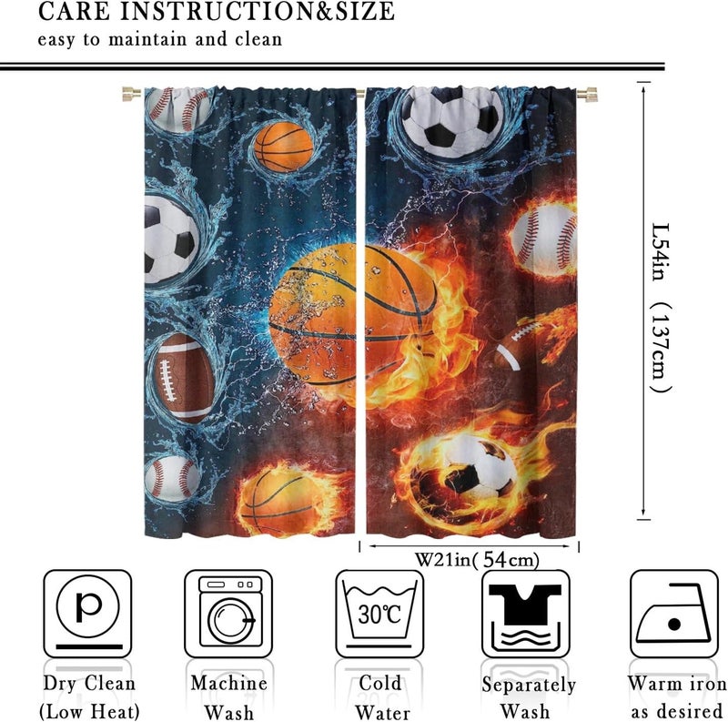 YCness Boys Sports Kids Curtains for Bedroom, Fire Basketball Football Soccer 3D Ball Window Treatments for Living Room,Teen Boys Girls Room Decor Drapes 2 Panel Sets,42x54 Inch - Image 2